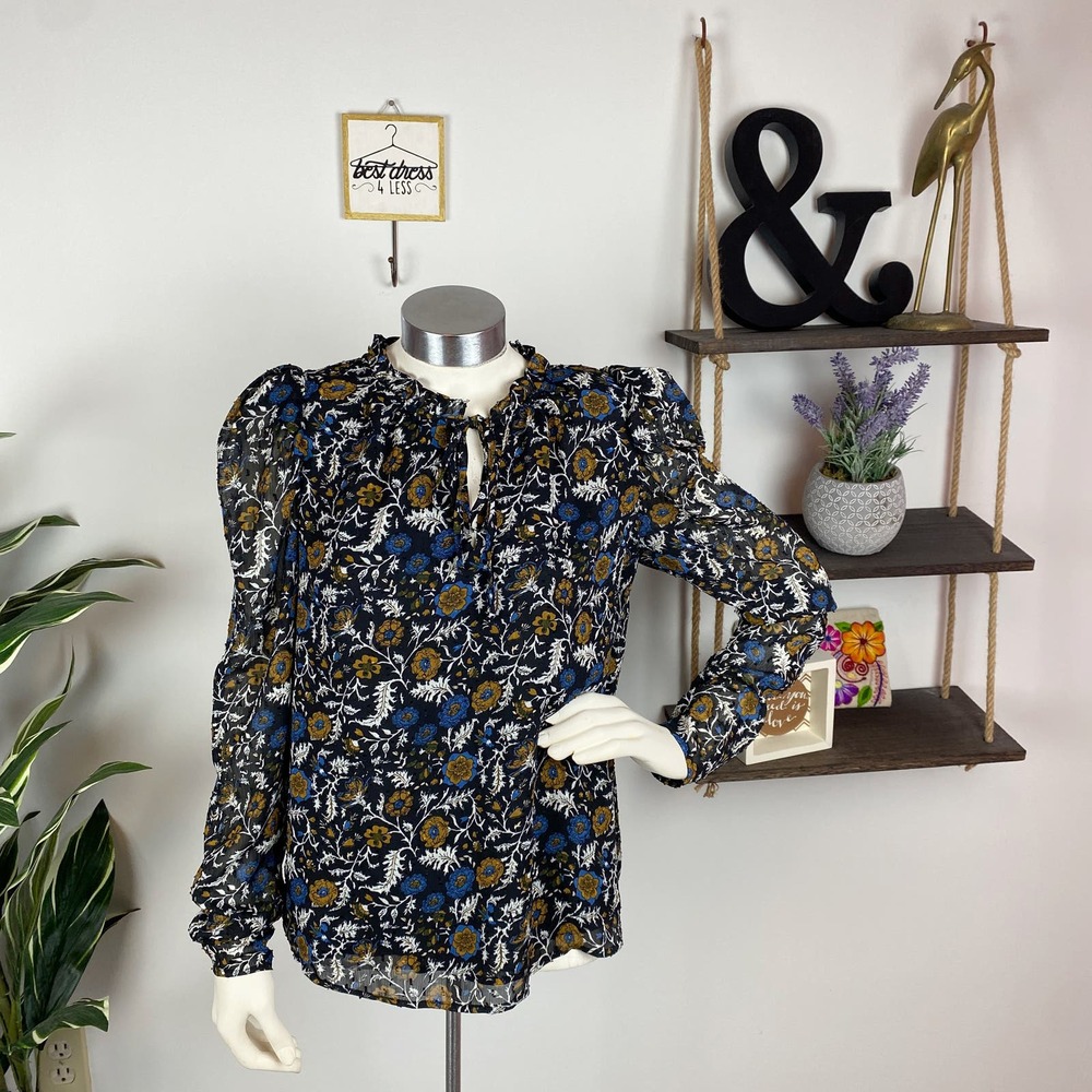 Joie Black Floral Embroidered Swiss Dot Tie Neck Top